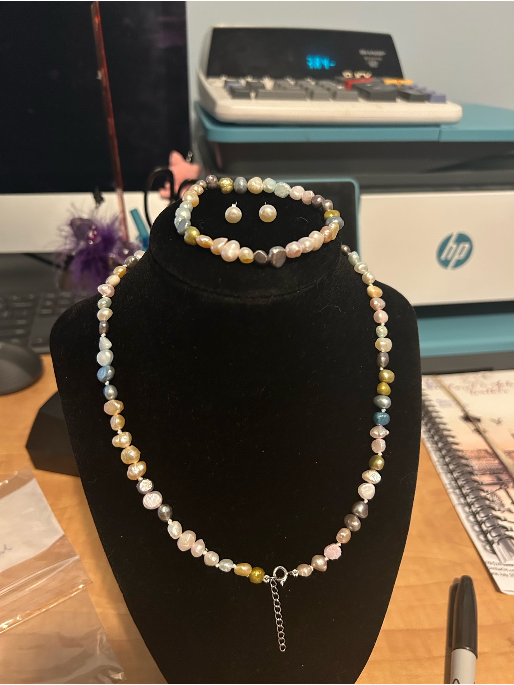 Multicolor Pearl Necklace, Bracelet & Stud Earring Set